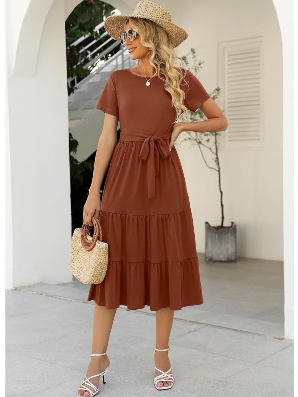 Women's Red Brown Tiered Short Sleeve Belted Pocket Ruffle Midi Maxi Dress - Picture 5 of 6